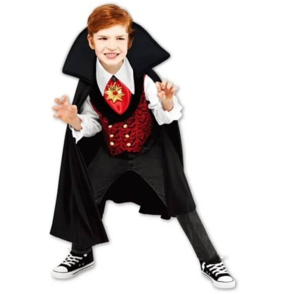 NEW Vampire Halloween Costume Boys Medium 8 Shirt With Light Up Medallion Cape